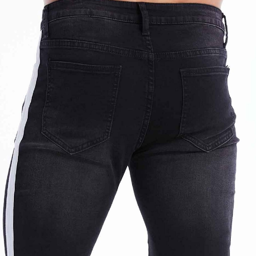 Mens Skinny Slim Black Jeans w White Stripe - Picture 6 of 9